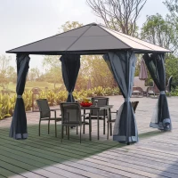 Outsunny Pavilion cu acoperiș din policarbonat, perdele cu plasă de insecte, structură de aluminiu, gri închis, 3 x 3 m(m-2)