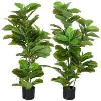 HOMCOM, Set de 2 plante artificiale Ficus Lyrata, arbori artificiali cu ghiveci inclus, înălțime 110 cm, verde(m-7)