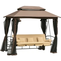 Outsunny Dondolo 3 Posti da Giardino Convertibile in Lettino con Gazebo, con Zanzariera e Cuscini, 257x175x240cm Cachi(m-1)