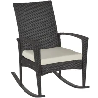 Outsunny Schaukelstuhl Schwingsessel Gartenstuhl mit Kissen , Polyrattan+Metall, Braun+Cremeweiß, 66 x 88 x 98 cm(m-1)