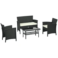Outsunny Conjunto de Jardim de Vime Sintético de 4 Peças com 2 Poltronas 1 Sofá Duplo 1 Mesa de Centro e Almofadas Preto e Creme(m-10)