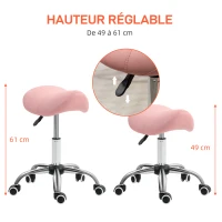 HOMCOM Tabouret à roulettes, chaise de travail avec hauteur réglable 49-61 cm et selle ergonomique, 52x53x49-61cm, rose(m-4)