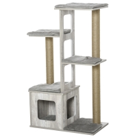 PawHut Árbol Rascador para Gatos 67x38,5x114 cm Torre de Escalada de Gatos con Cueva de Madera Múltiples Plataformas y Postes de Rascar de Yute Juego y Descanso Gris