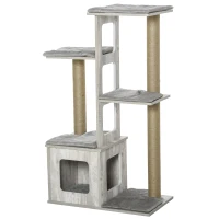 PawHut Árbol Rascador para Gatos 67x38,5x114 cm Torre de Escalada de Gatos con Cueva de Madera Múltiples Plataformas y Postes de Rascar de Yute Juego y Descanso Gris(m-1)