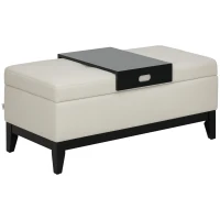 HOMCOM Hocker mit Stauraum, Tablett, Eukalyptusholzrahmen, bis 120 kg, 107 x 50 x 44 cm, Cremeweiß/Schwarz(m-10)