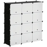 HOMCOM Armário Modular de Plástico Armário com 12 Cubos Organizadores de Sapatos Roupas Brinquedos 125x32x125cm Branco e Preto(m-10)