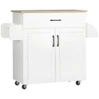 HOMCOM Dessert îlot de cuisine multi-rangements 1 tiroirs 1 placard 2 portes avec étagère réglable porte-torchons et porte-épices - bois blanc(m-1)