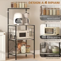 HOMCOM Scaffale Cucina a 4 Livelli con Pannelli a Rete e 8 Ganci Stile Industriale, 60x42x134.5 cm, Rovere(m-4)