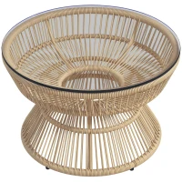 Outsunny Table basse de jardin ronde, table d'appoint en résine aspect rotin et plateau verre trempé Ø60 x 37H cm(m-10)