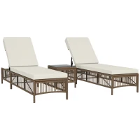 Outsunny Conjunto de 2 Espreguiçadeiras de Vime Sintético com Mesa de Centro Encosto Reclinável em 5 Posições 196x54x32cm Bege(m-10)