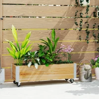 Outsunny Jardinieră pe role, jardinieră rectangulară făcut de drenaj metal lemn masiv 96 x 30,6 x 30 cm lemn natural(m-2)