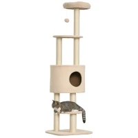 PawHut Arbre à chats avec griffoir arbre à grimper pour chat avec niche et plate-formes peluche haute densité hauteur 148 cm beige(m-1)