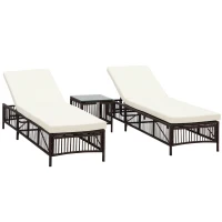 Outsunny Conjunto de 2 Tumbonas de Ratán con Mesa de Centro Respaldo Ajustable en 5 Niveles y Cojines 196x54x32 cm Marrón(m-6)