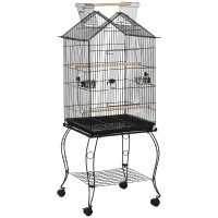 PawHut Jaula de Pájaros con Soporte Ruedas Bandeja Extraíble y Comederos para Canarios Periquitos 50x58x137-145 cm Negro