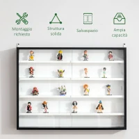 HOMCOM Vetrina Espositiva da Parete a 4 Ripiani Regolabili, Vetrinetta per Collezionismo, Bacheca Espositore a Muro per Oggetti da Collezione, in Vetro e Truciolato, 80x9.5x60 cm, Nero e Bianco(m-6)