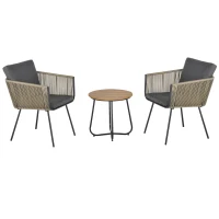 Outsunny Conjunto de Muebles de Jardín Juego de 3 Piezas Muebles de Ratán 1 Mesa Redonda y 2 Sillas Butaca con Cojines Acolchados para Balcón Terraza Acero Caqui y Gris(m-1)