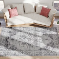 HOMCOM Vintage Area Rug, Non-Slip Washable Rug, Flannel Floor Carpet for Living Room, Bedroom, Dining Room, Home Office, 230 x 160 cm, Grey(m-11)
