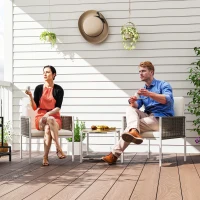 Outsunny Conjunto de Jardim de 3 Peças com 2 Cadeiras e Mesa de Vime com Almofadas e Bancada de Vidro Marrom Acinzentado e Creme(m-7)