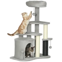 PawHut Katzen-Spielzentrum mit Kratzbaum, Bett, Spielbällen, Plüsch, 60 x 39 x 87 cm, Hellgrau/Creme(m-10)