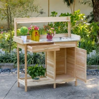 Outsunny Masă de plantare masă de grădinărit cu 2 rafturi, sertar, dulap, tavă oțel galvanizat cu margini înalte, 3 cârlige, masă de plantare lemn brad(m-3)