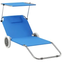 Outsunny Sonnenliege klappbar Gartenliege mit Kopfkissen Dach, Rolle Liegestuhl mit verstellbare Rückenlehne Blau(m-10)