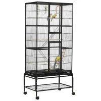 PawHut Gaiola para Pássaros com Rodas de 3 Níveis com 3 Poleiros Comedouros Brinquedos Rampas e Prateleira 83x53x180 cm Preto(m-10)