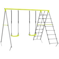 Outsunny 4 în 1 balansoar portic pentru copii cu 2 șezlonguri de balansoar, scară cățărătoare și plasă de escaladă verde(m-6)