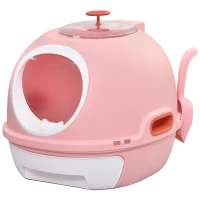 PawHut Bac à litière pour chat maison de toilette portable pour chat tiroir à litière coulissant porte battante lucarne + pelle fournis dim. 47L x 55l x 44H cm rose(m-11)