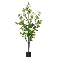HOMCOM Árbol de Camelia Artificial 150 cm con Maceta de Cemento Hojas Realistas y Flores de Tela Planta Sintética Decoración para Hogar Oficina Interior Verde(m-10)
