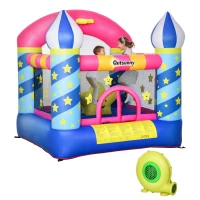 Outsunny Castello Gonfiabile Gigante Colorato e con Gonfiatore, Gioco Gonfiabile per Bambini 3-8 Anni, 195x195x215cm(m-1)
