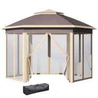 Outsunny Gazebo Pieghevole da Giardino 4x3.4 m ad Altezza Regolabile con Zanzariera e Doppio Tetto, Beige(m-1)