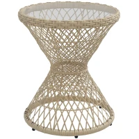 Outsunny Couchtisch Beistelltisch Boho-Design, Glasplatte, PE-Rattan, 45 cm x 45 cm x 52 cm, Natur(m-10)