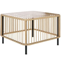 Outsunny Polyrattan Gartentisch, 65 x 65 x 43 cm, wetterfest Beistelltisch quadrarisch mit Glasplatte Naturholz(m-10)