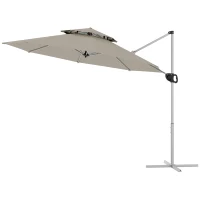 Outsunny Umbrelă suspendată rotundă 3 x 2,5 m cu manivelă, bază în formă de cruce, inclinabilă și rotativă la 360°, dublu acoperiș, gri(m-5)