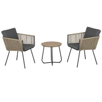 Outsunny Conjunto de Muebles de Jardín Juego de 3 Piezas Muebles de Ratán 1 Mesa Redonda y 2 Sillas Butaca con Cojines Acolchados para Balcón Terraza Acero Caqui y Gris(m-10)