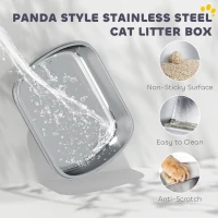 PawHut Panda Style XL Stainless Steel Cat Litter Box with Lid, Enclosed Kitty Litter Box with Scoop, 60 x 40 x 45 cm(m-4)