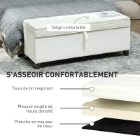 HOMCOM Banc de rangement 112L banquette bout de lit en tissu de lin, siège capitonné, 120 x 40 x 48 cm, crème(m-7)