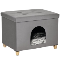 PawHut Cueva para Gatos 2 en 1 Taburete Reposapiés con Tapa Extraíble Orificio de Entrada Cojín Lavable y Patas Elevadas de Madera para Interior 60x45x44,5 cm Gris