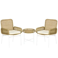 Outsunny Juego de 3 Piezas Sillas y Mesa de Ratán con 2 Sillas 1 Mesa de Centro y Cojines para Terraza Patio Natural(m-1)