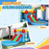 AIYAPLAY Castel gonflabil 4 în 1 cu tobogan, coș de baschet, piscină cu bile, ventilator 370W, 415 x 205 x 190 cm(m-3)