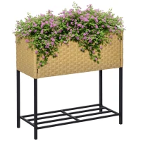 Outsunny Hochbeet, Blumenkasten, tiefe Ablage, Metallrahmen/Polyrattan, 70 x 30 x 72 cm, Sandfarben(m-10)