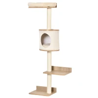 PawHut Árbol para Gatos de Pared 38x30x149 cm con Múltiples Plataformas de Madera Cueva Cama Superior Cojín Extraíble Postes Rascadores de Sisal Torre para Escalar Beige y Roble(m-1)
