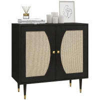 HOMCOM Bufet de bucătărie, design boem cu dublă uși și 2 nivele, fațadă din răchită 80 x 38 x 79 cm negru(m-1)