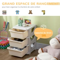 HOMCOM Organisateur de jouets pour enfants avec tiroirs à 3 niveaux, boîtes de rangement en plastique, 37 x 37 x 56,5 cm, crème(m-4)