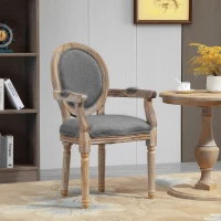 HOMCOM Scaun de Sufragerie Scaun de Salon medaillon Stil Louis XVI Lemn Masiv patinat sculptat Material Lin Gri(m-2)