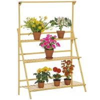 Outsunny Blumentreppe aus Holz Pflanzenständer Leiterregal einstellbare Hängehöhe Blumenständer hängende Bamboo Natur innen draußen 100 x 40 x 143 cm(m-1)