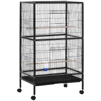 PawHut Jaula para Pájaros con 4 Ruedas Pajarera Metálica con Múltiples Puertas 4 Comederos Bebedero 2 Perchas 79x52x137cm Negro(m-1)