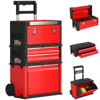 HOMCOM Lot de 3 cutii de unelte pe roți empilabile și modulare din oțel cu tavă, mânere și lacăt, roșu