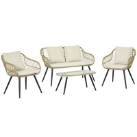 Outsunny Set da Giardino 4 Pezzi con 2 Sedie da Giardino, Divanetto 2 Posti e Tavolino Basso, Naturale e Crema(m-1)