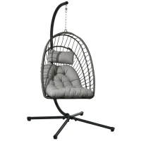 Outsunny Cadeirão Suspenso de Vime Dobrável com 2 Almofadas e Estrutura de Aço Capacidade 100 kg 100x131x194 cm Cinza Escuro(m-10)